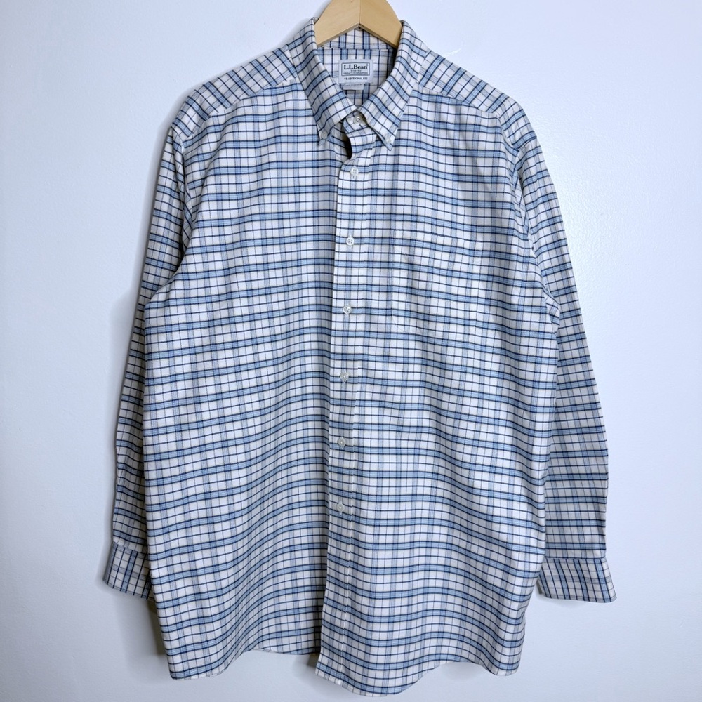 NEW  L.L Bean Men's Traditional Fit Plaid‎ Button Down Shirt White/Blue 17 XL